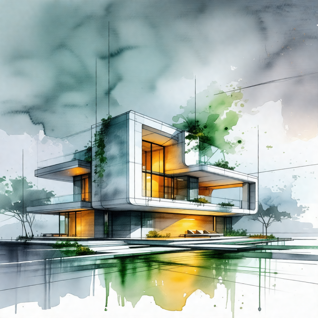 Drawing of a large, modern house with a white exterior
