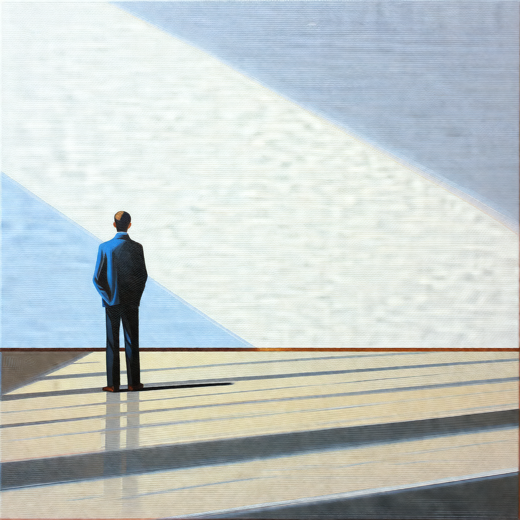Man standing on a platform, looking out over a body of water