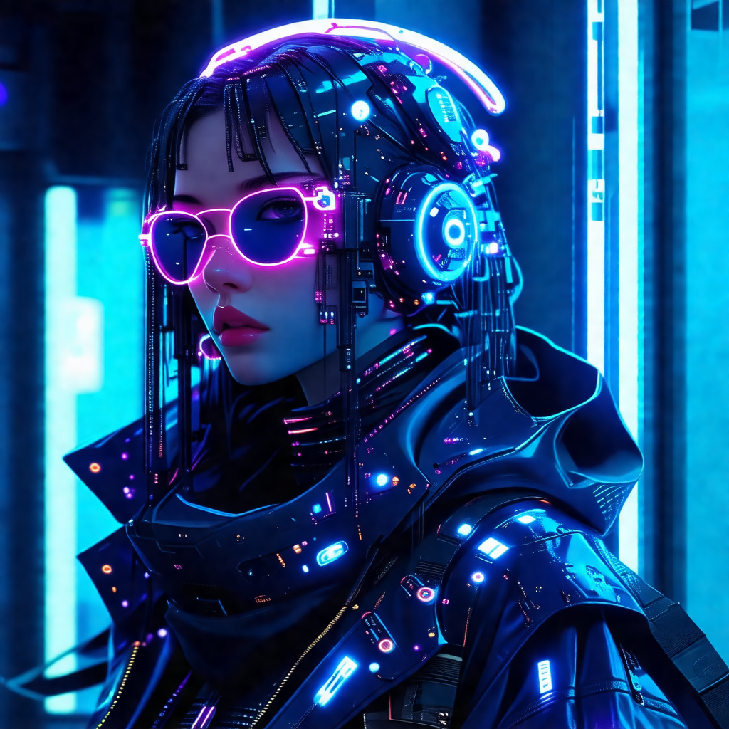 Woman wearing a futuristic outfit, including a black jack...
