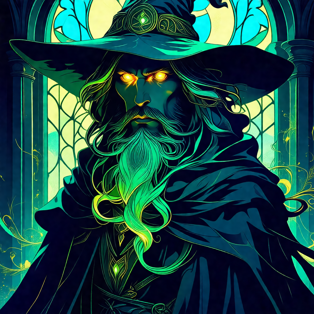 Man with a long beard and a wizard's hat, standing in fro...