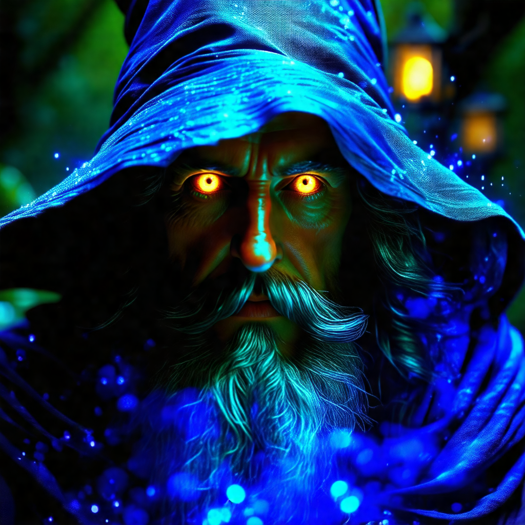 Man with a beard and a blue hooded robe, standing in a fo...