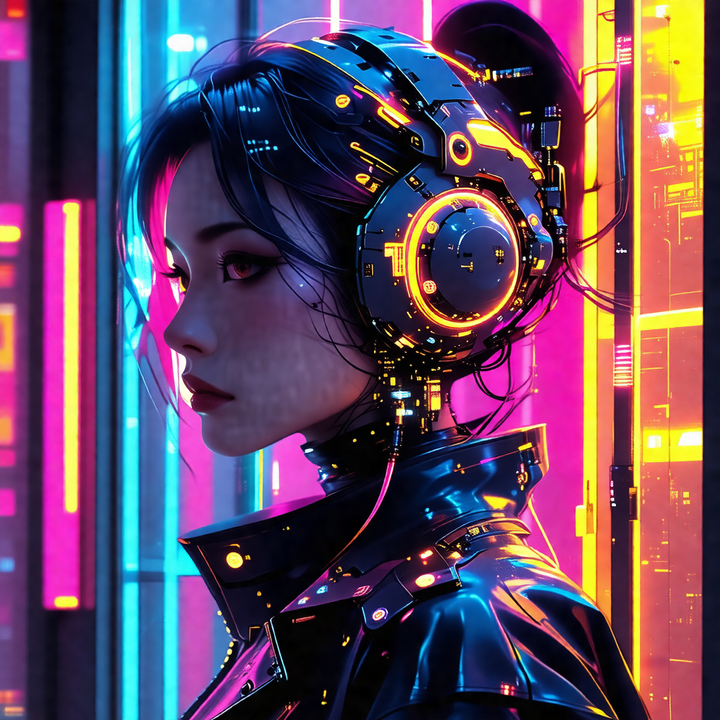 Woman wearing a futuristic outfit, including a black jack...