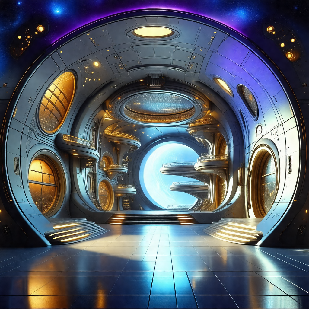 Futuristic painting of a space station with a large, open...