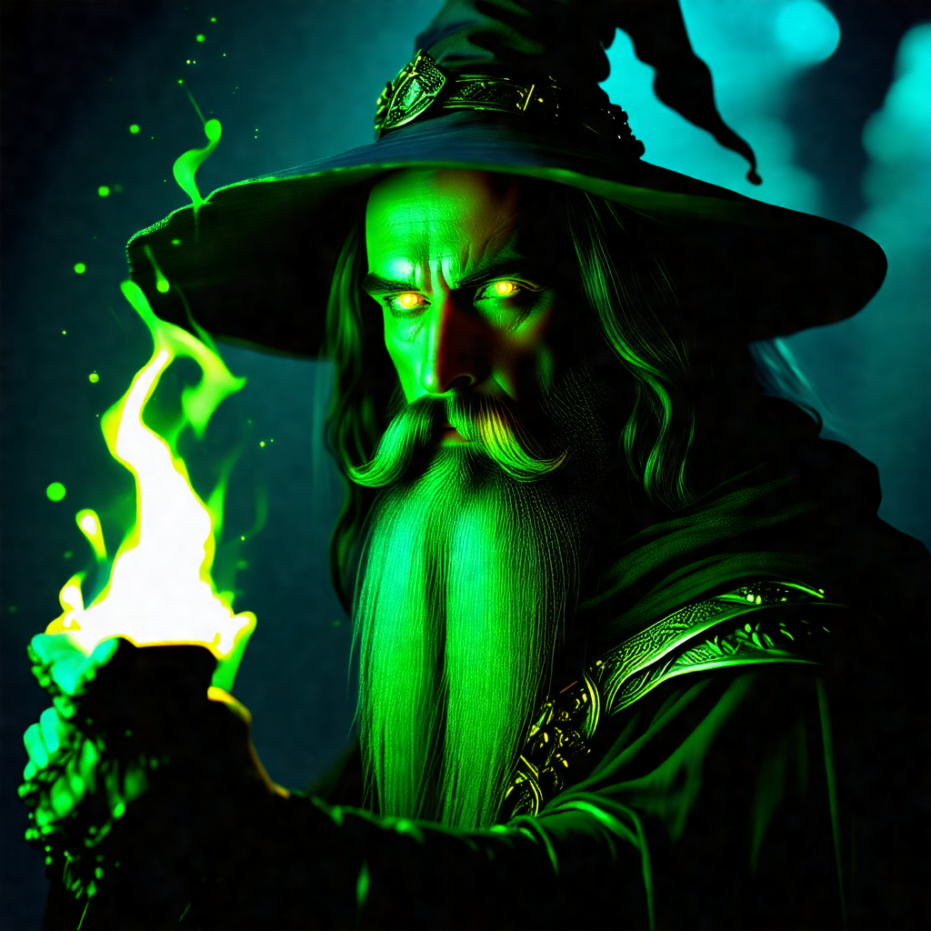 Man dressed in a wizard's outfit, complete with a green h...