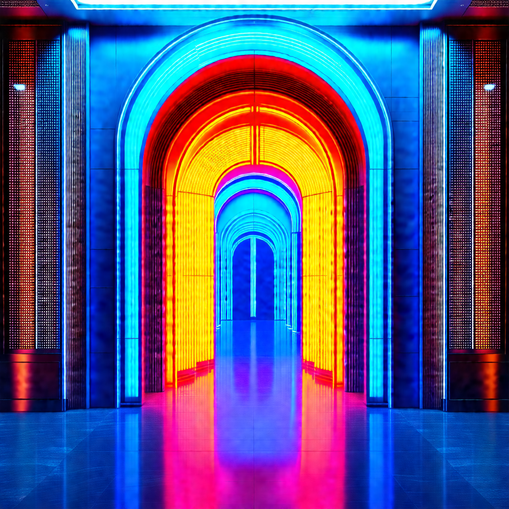 Long, narrow hallway with a blue light illuminating the s...