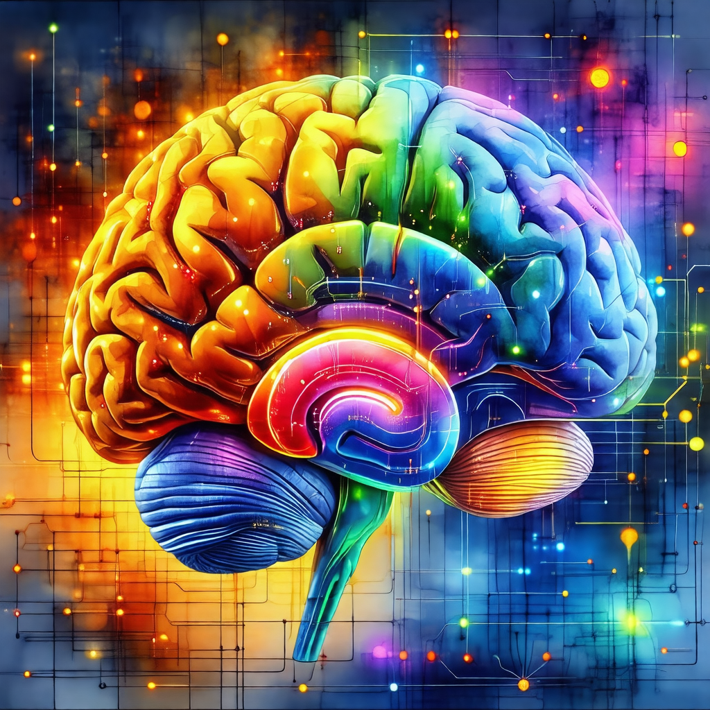 Close-up of a human brain, with a vibrant and colorful ba...