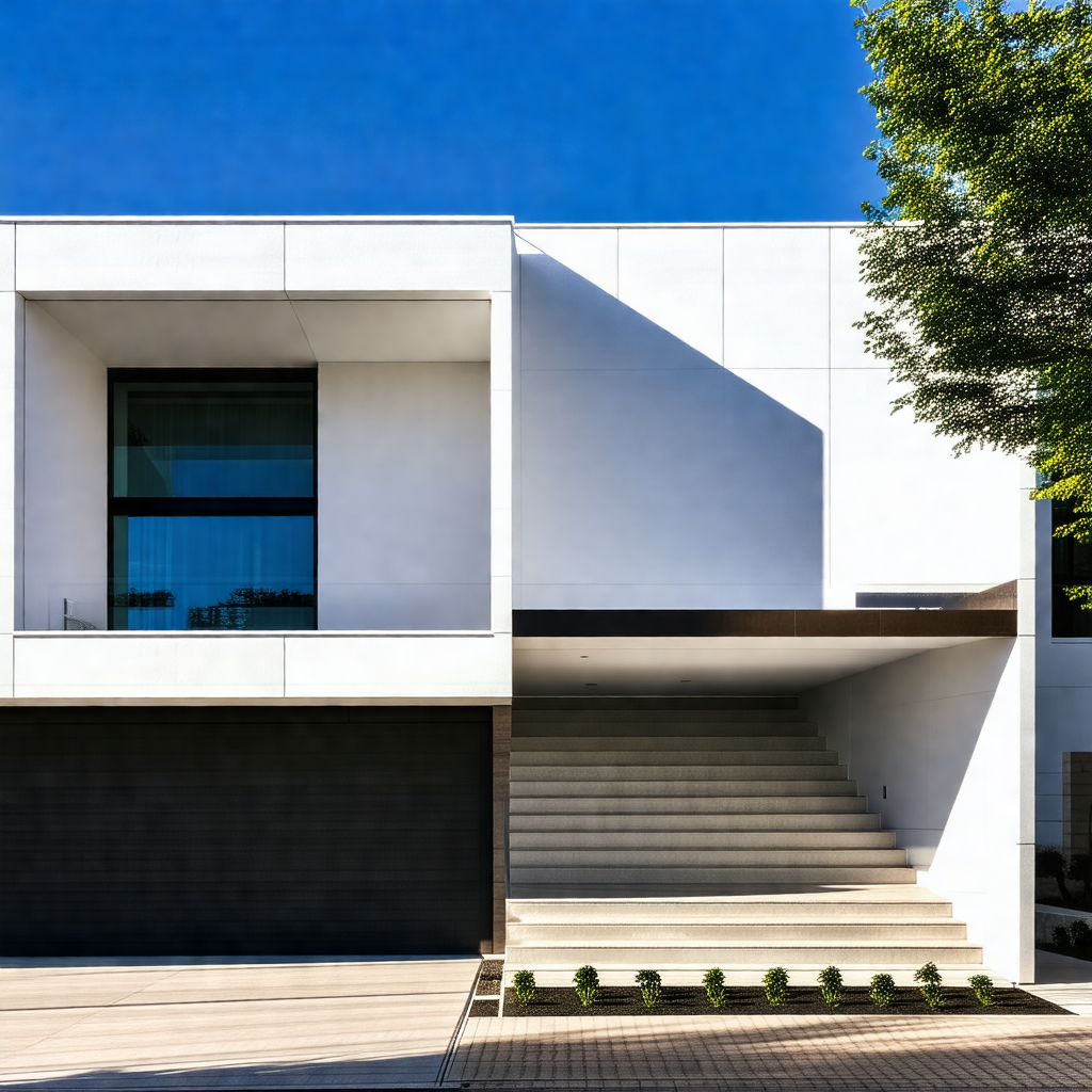 Large, modern white house with a large window on the side