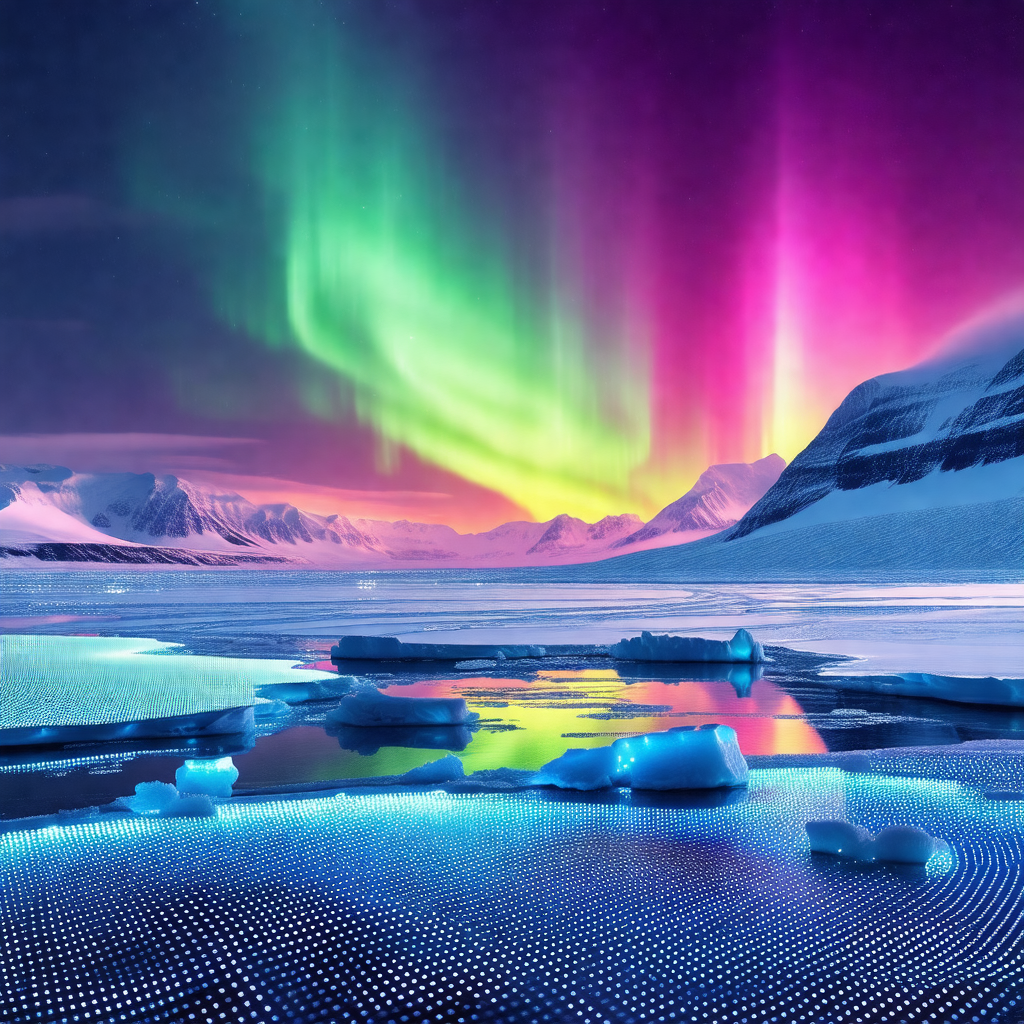 Captures a beautiful scene of a frozen lake at night, wit...