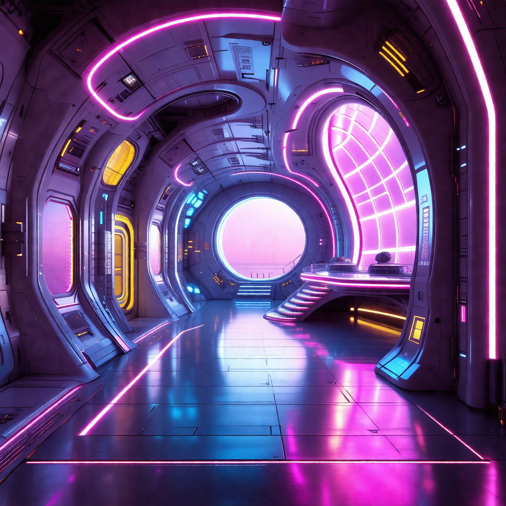 Futuristic space station with a large, round, purple-lit ...