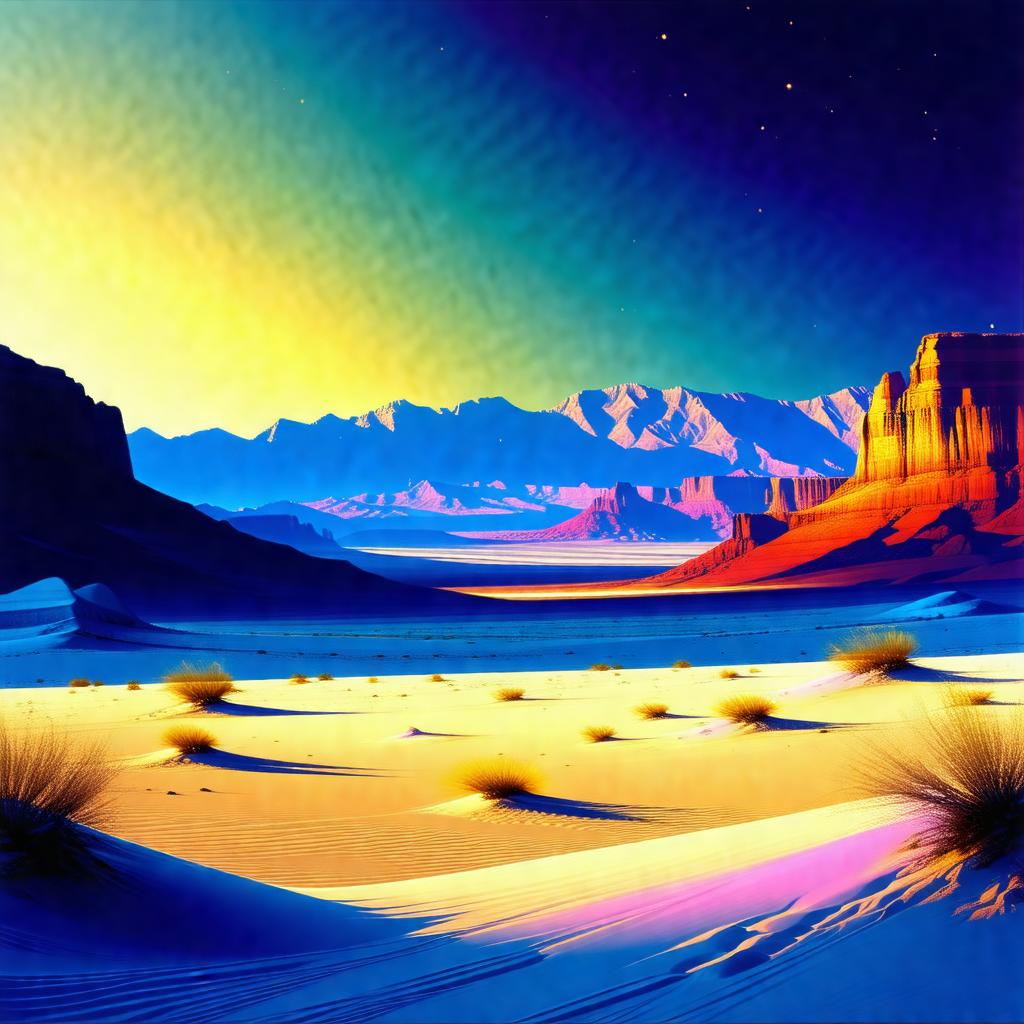 Painting of a desert landscape with a mountain range in t...