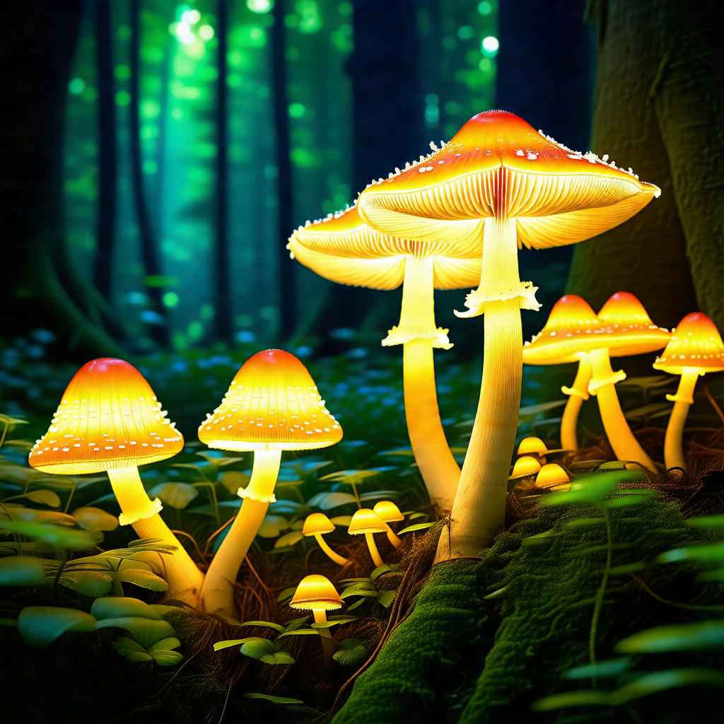 Group of brightly lit mushrooms growing in a forest