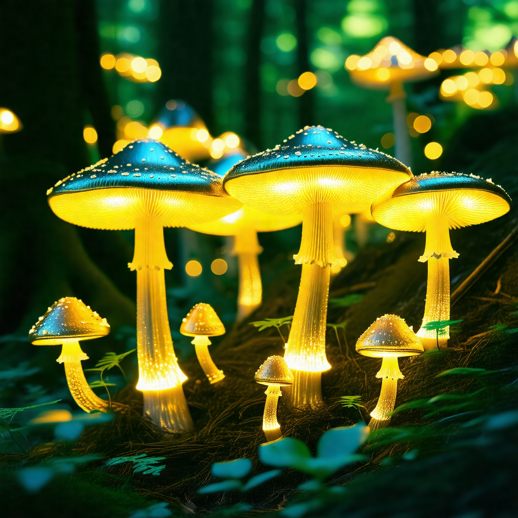 Forest with a group of mushrooms glowing in the dark
