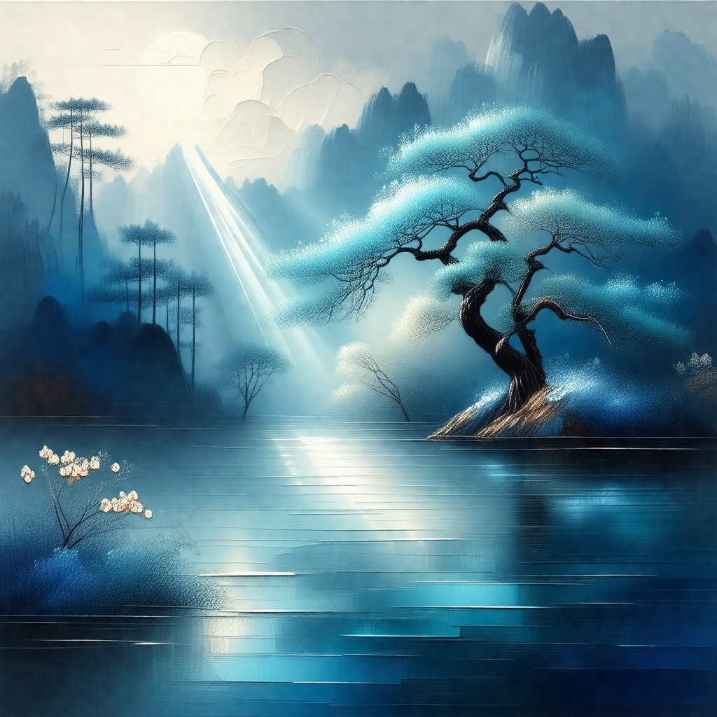 Serene scene of a tree standing in a body of water, possi...