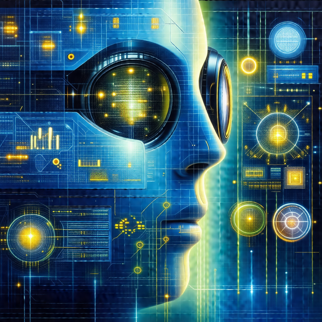 Futuristic robot with a blue and yellow color scheme