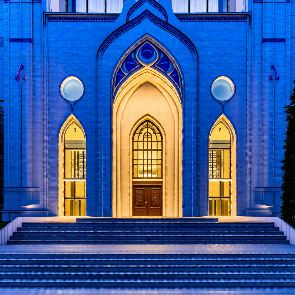 Large, ornate building with a blue and white color scheme