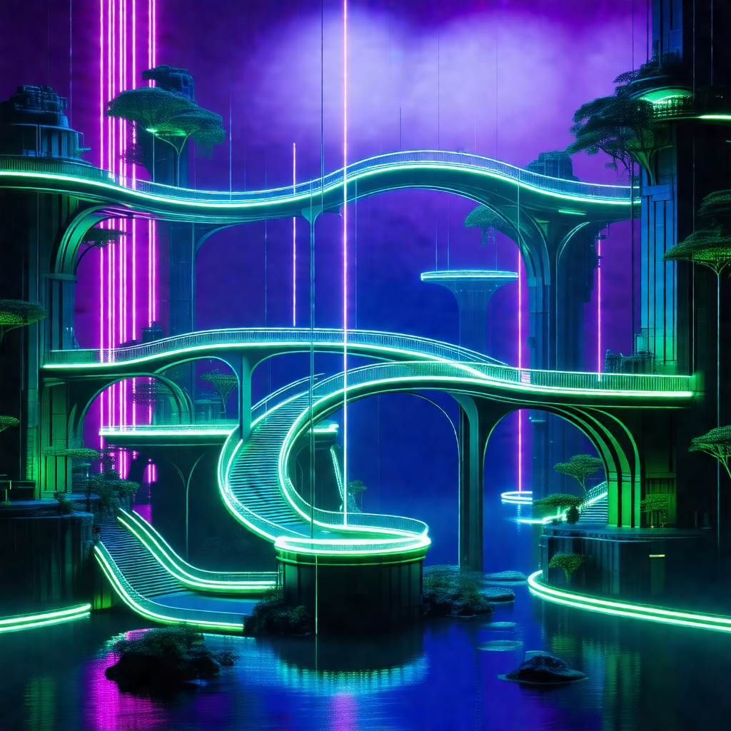 Futuristic city with a large, glowing green structure in ...