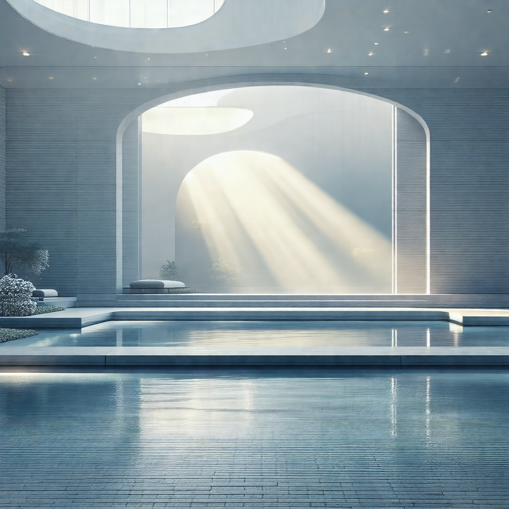 Large, empty swimming pool with a sunlight shining throug...