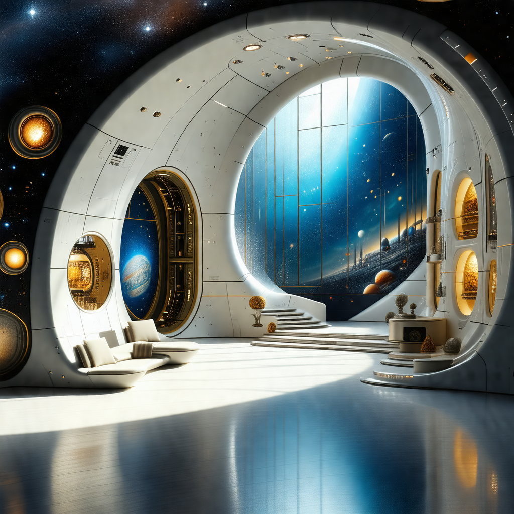 Futuristic space scene with a large white dome in the center