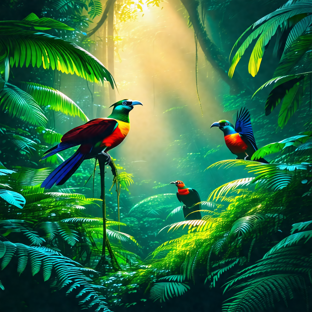 Lush green forest with three colorful birds perched on tr...