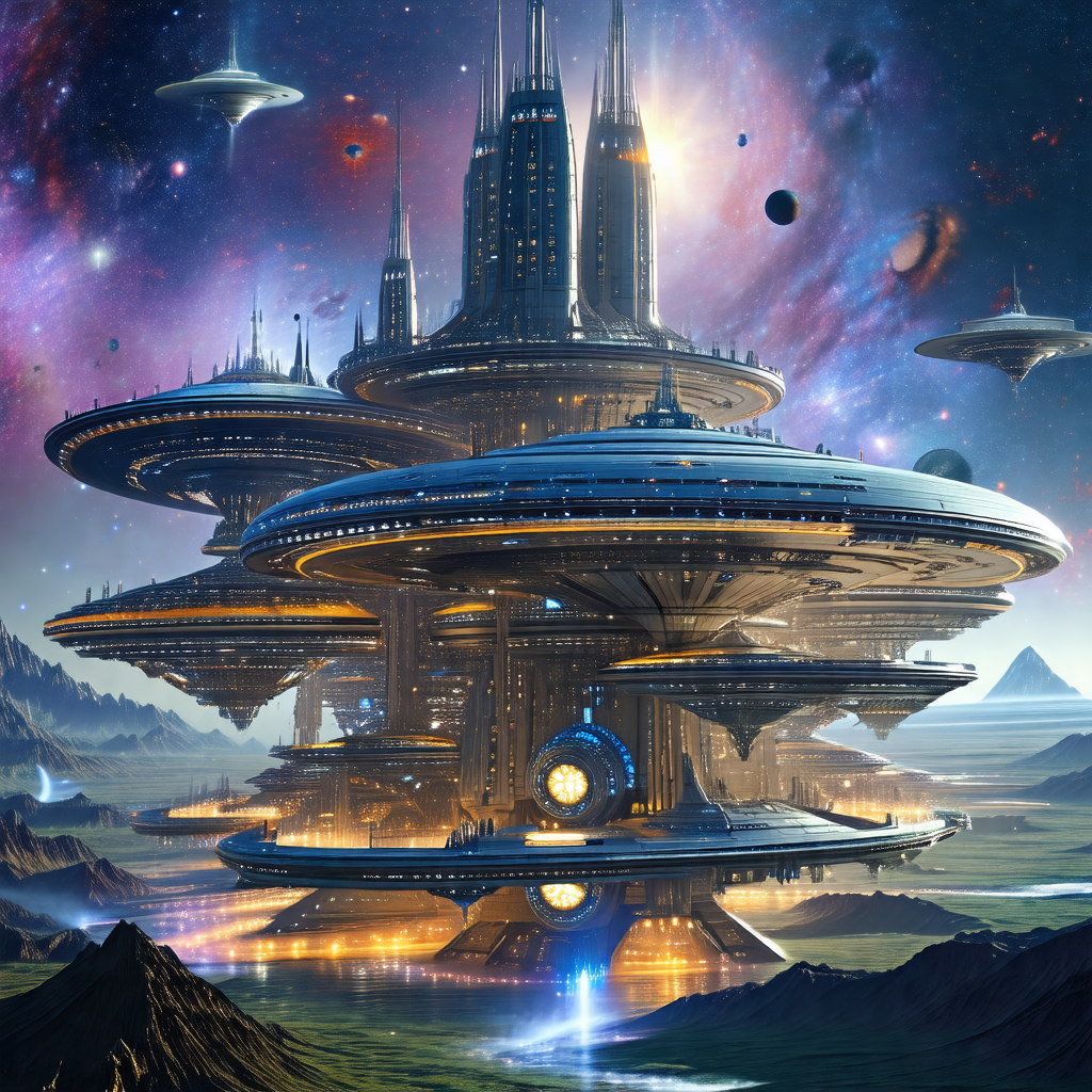 Futuristic cityscape featuring a large, sprawling space s...