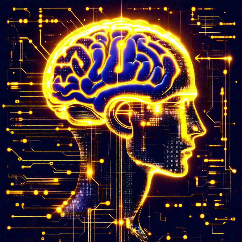 Close-up of a human head with a blue and yellow brain
