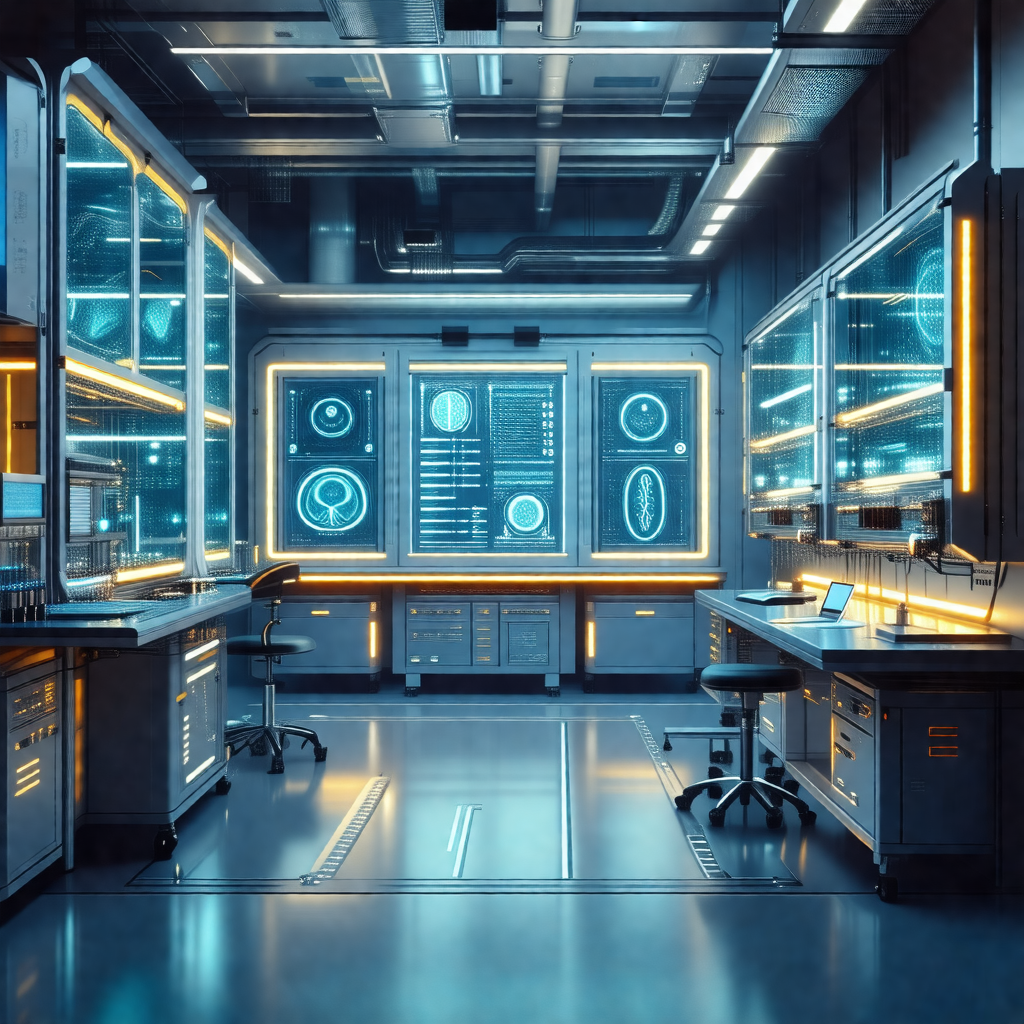 Futuristic laboratory with a large number of computer scr...