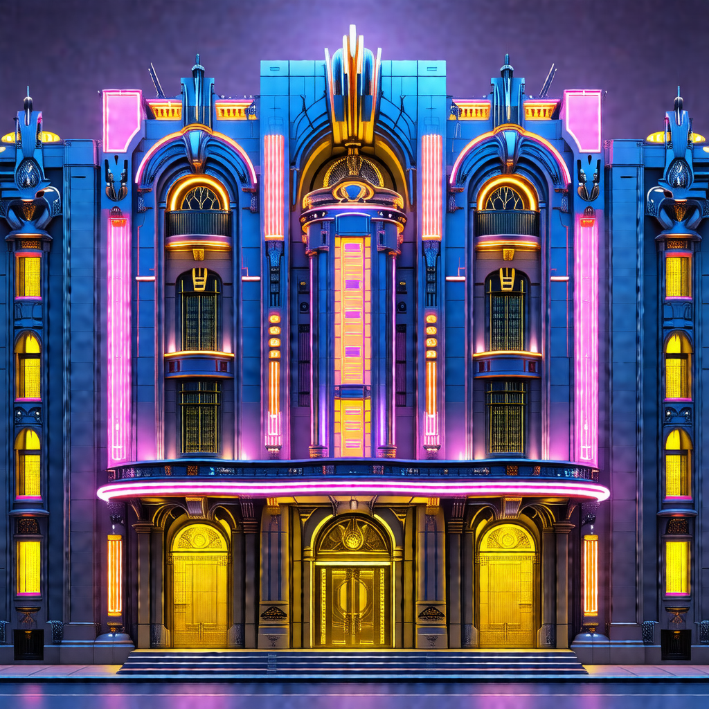 Large, ornate building with a purple and yellow color scheme