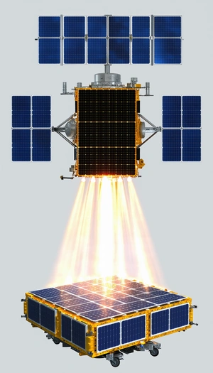A Spacecraft Is Shown In A Close-up View, With Its Solar Panels And Other Components Clearly Visible