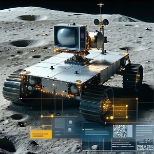 A Robotic Vehicle Is Sitting On A Rocky Surface, Possibly On The Moon