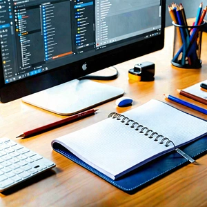 Business Digital Illustration: Workplace with productivity tools on desk