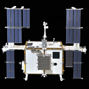 A Large White Spacecraft With A Solar Panel On Its Side