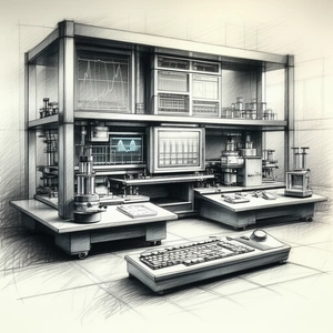 Tech Charcoal Drawing: Healthcare Technology In Research Center With Large Room