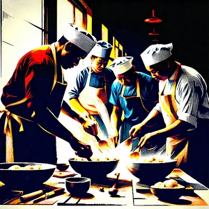 Lifestyle Woodcut Print: Cooking Class With Community Group With Image, There
