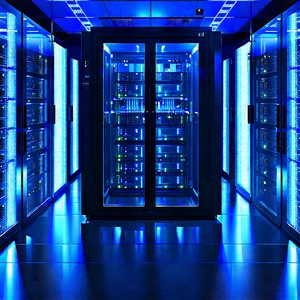 Server Rack With Blue Light Glow With Large Blue