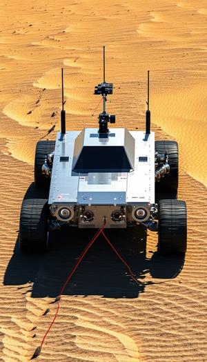 A Large, Silver Robotic Vehicle With A Dome-shaped Top, Parked In A Desert-like Environment
