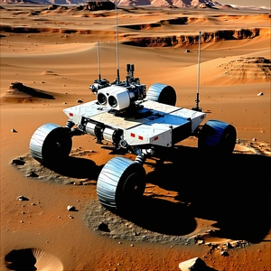 A White Robotic Vehicle With Four Wheels, Driving Across A Desert-like Terrain