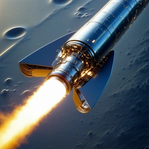 A Rocket Is Shown In A Close-up Shot, With Its Engine Glowing Brightly