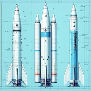 A Blue And White Rocket Ship Is Shown In Three Different Stages Of Its Flight