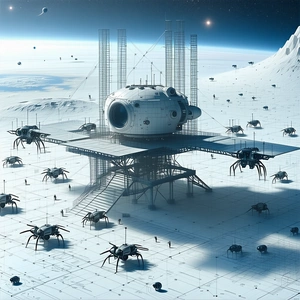 In This Futuristic Scene, A Large Space Station Is Situated On A Frozen Planet