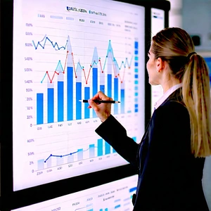 Business Editorial Photography: Finance professional using digital whiteboard