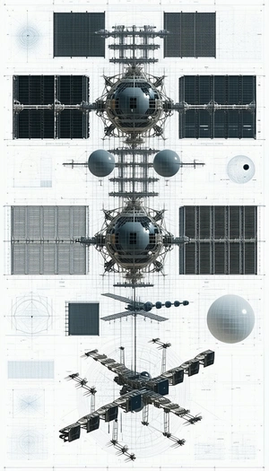 A Large, Futuristic Space Station Is Depicted In A Series Of Drawings
