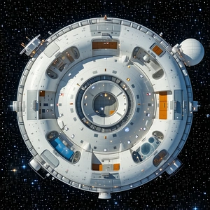 The Image Is A 3d Model Of A Space Station, Showcasing Its Interior And Exterior