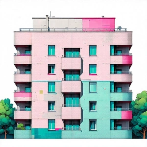 Urban Pastel Drawing: Modern Apartment Complex With Artistic Facade With Colorful, Three-dimensional