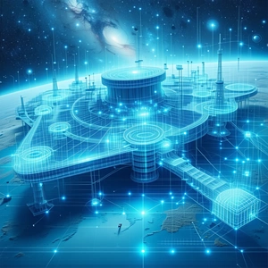 The Image Is A Futuristic Cityscape With A Large, Blue, Three-dimensional Building At Its Center