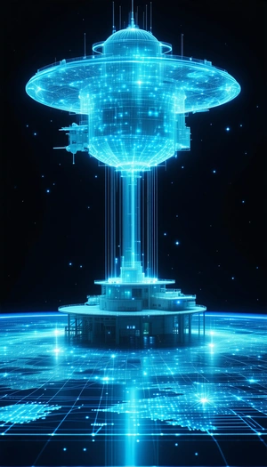 A Futuristic Building With A Large, Blue, And White Dome On Top