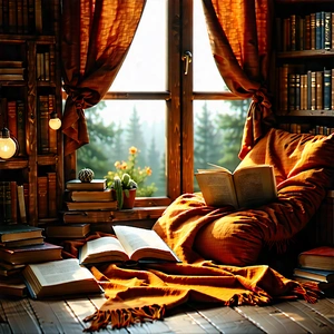 Lifestyle Etching: Reading Nook With Warm (lighting:1.26) With Cozy Reading