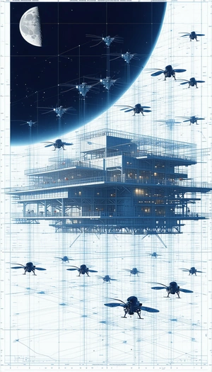 In This Futuristic Scene, A Large Building Is Surrounded By Numerous Flying Robots