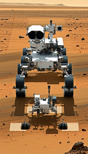 A Large White Rover Vehicle On A Dirt Road, With A Smaller Rover Vehicle Following Closely Behind It