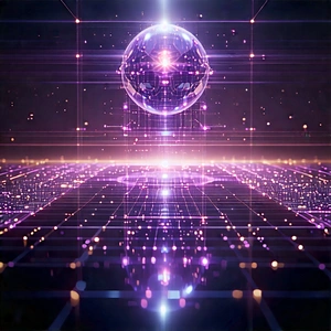 Quantum Computer With Holographic Projection With Purple, Three-dimensional