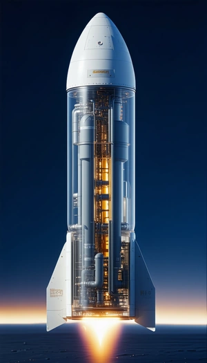 A Rocket Ship Is Shown In A Blue Background